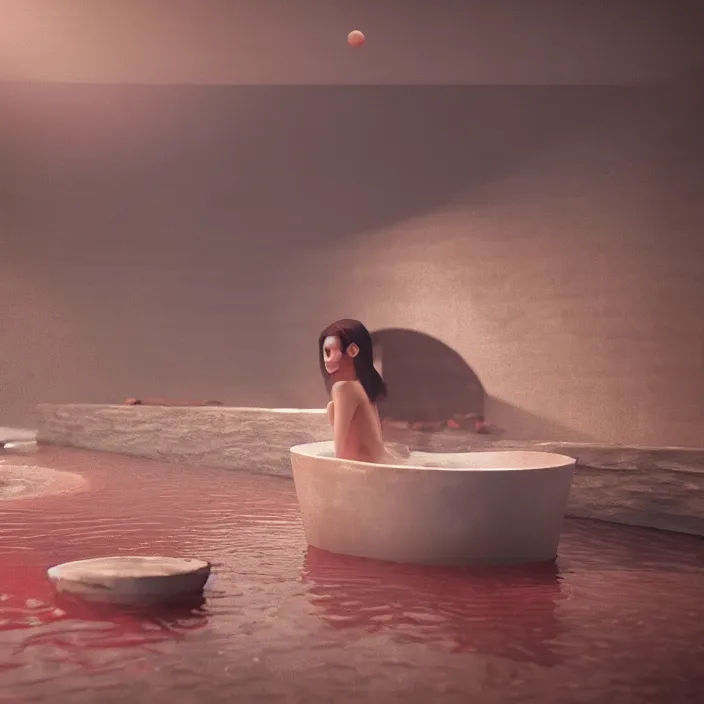 Prompt: a nymp swimming in a wooden tub while it's blood moon, au naturel, digital art, trending in artstation, cinematic lighting, studio quality, unreal engine 5 rendered