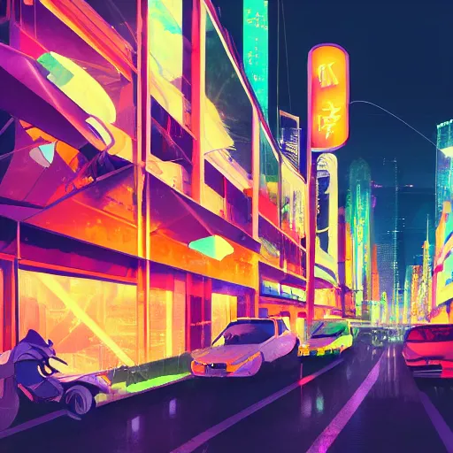 Image similar to abstract city street buildings fragments and neon signs floating, night, big moon trending on pixiv fanbox