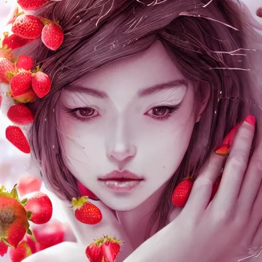 Image similar to the portrait of an absurdly beautiful, graceful, elegant, sophisticated, fashionable young gravure idol made of strawberries and white petals, an ultrafine hyperdetailed illustration by kim jung gi, irakli nadar, intricate linework, bright colors, octopath traveler, final fantasy, unreal engine 5 highly rendered, global illumination, radiant light, detailed and intricate environment