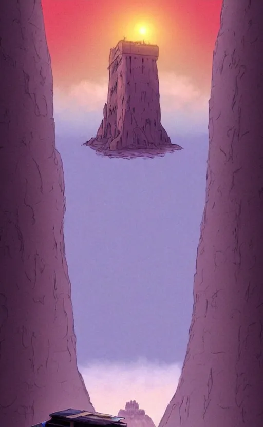 Image similar to a realistic cell - shaded studio ghibli concept art from paprika ( 2 0 0 6 ) of a flying multi - colored cube from close encounters of the third kind ( 1 9 7 7 ) in a flooded monument valley stonehenge jungle on a misty starry night. very dull colors, wide shot, hd, 4 k, hq