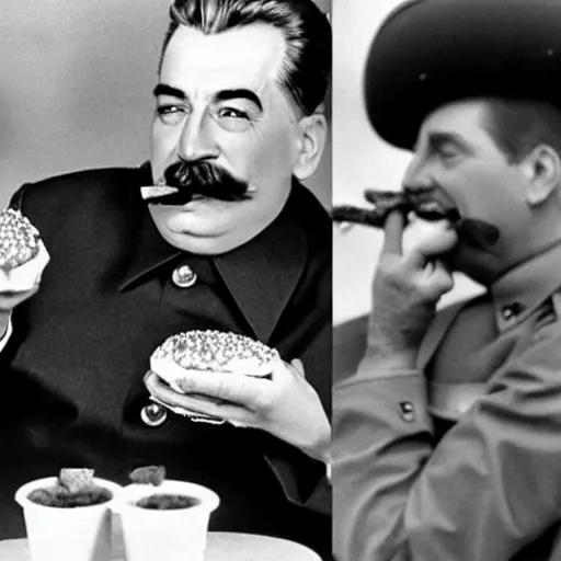 Image similar to stalin eats burger with ketchup while smoking cigar