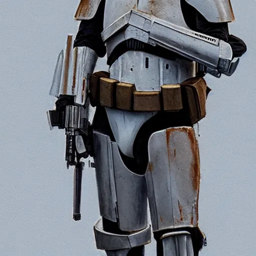 Image similar to an extremely long shot of an imperial stormtrooper in battle position ready to shoot his blaster concept art by Doug Chiang cinematic, realistic painting, high definition, very detailed, extremely high detail, photo realistic, concept art, the Mandalorian concept art style