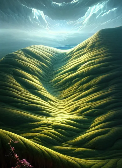Image similar to a hyper - detailed 3 d render like a oil painting of spring in the low - poly hills, surrealism!!!!! surreal concept art, lifelike, photorealistic, digital painting, aesthetic, smooth, sharp focus, artstation hd, by greg rutkowski, chris tulloch mccabe, valentina remenar, krenz cushart and asher duran,