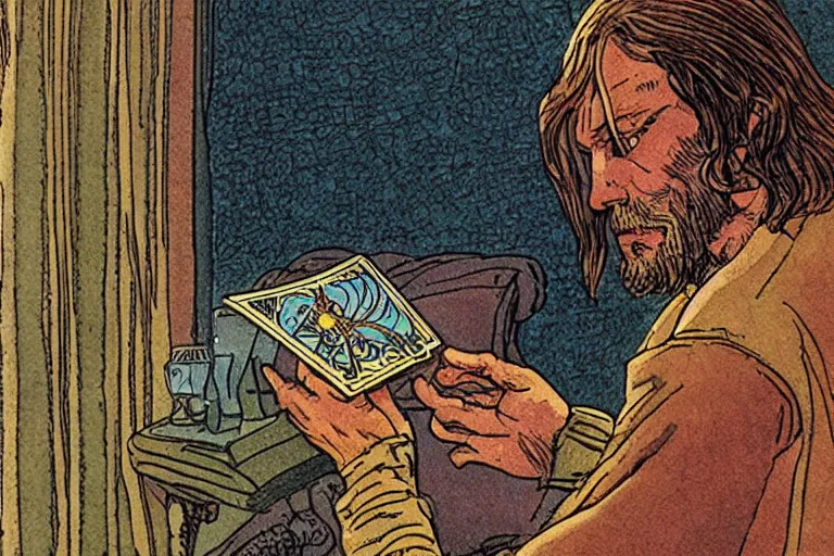 Image similar to a man with long hair reading tarot cards, by moebius