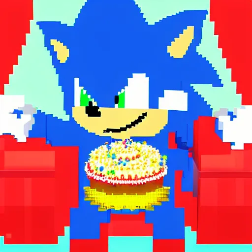 Image similar to pixel art sonic the hedgehog, smiling, holding a birthday cake, saying happy birthday!