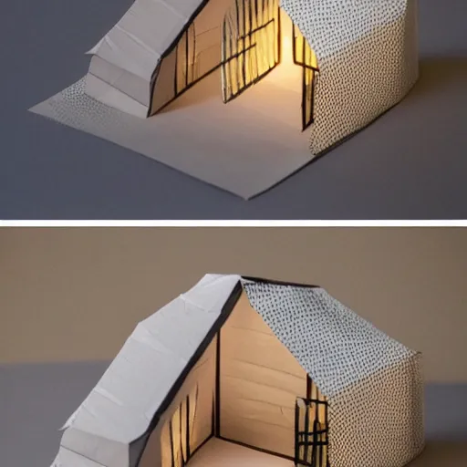 Prompt: a house made from layered paper, ambient light