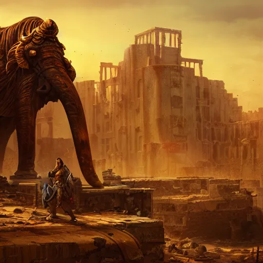 Image similar to golden mammoth in a ruined city, stylized, artstation, hd, cgsociety, cgi, realistic, dramatic, cinematic, artistic, trending, detailed