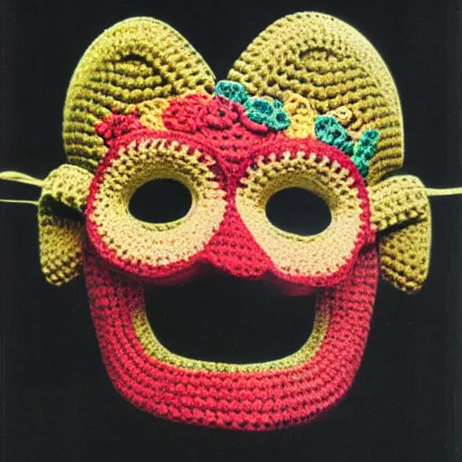 Prompt: multicolored crocheted mask, 1 9 8 0 s catalogue photo