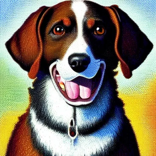 Image similar to dog smiling with human teeth, pointillism style, renaissance style, realistic canvas