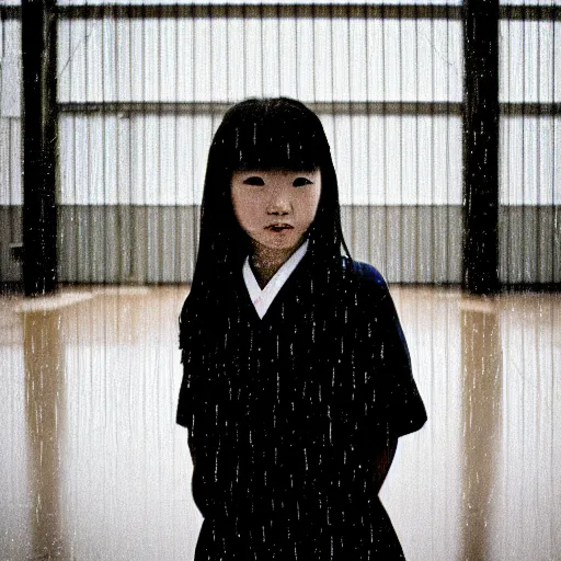 Prompt: 1990s perfect 8K HD professional cinematic photo of close-up japanese schoolgirl posing in dystopian hangar, at evening during rain, at instagram, Behance, Adobe Lightroom, with instagram filters, depth of field, taken with polaroid kodak portra