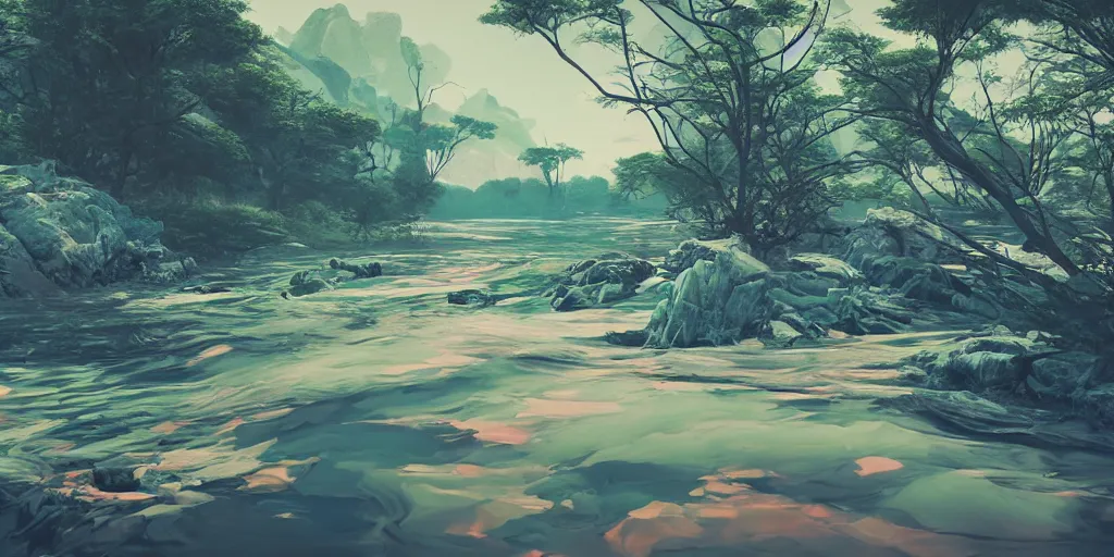 Image similar to abstract 3d landscape painting with a river at noon by james jean and David Schnell painted in no mans sky style, redshift, octane