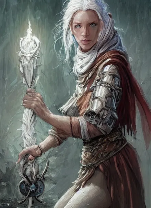 Image similar to female poor beggar on the streets white, bright, unclean, ultra detailed fantasy, dndbeyond, bright, colourful, realistic, dnd character portrait, full body, pathfinder, pinterest, art by ralph horsley, dnd, rpg, lotr game design fanart by concept art, behance hd, artstation, deviantart, hdr render in unreal engine 5