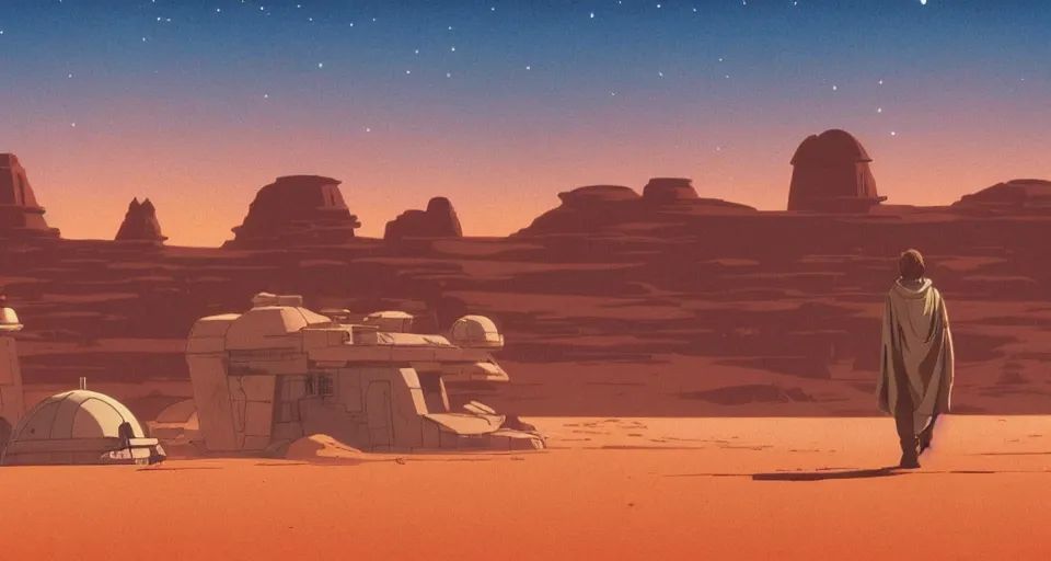 Image similar to beautiful wide shot tatooine landscape, obi wan kenobi, Luke skywalker, land-speeder, Star Wars a new hope 1977, studio ghibli, Miyazaki, Greg rutkowski, Jean girard, Moebius , animation, golden hour, highly detailed, hdr, vivid color, 70mm