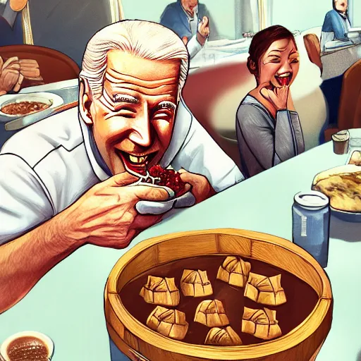 Prompt: happy biden eats dumplings, concept art, trending on artstation, highly detailed, intricate, sharp focus, digital art, 8 k