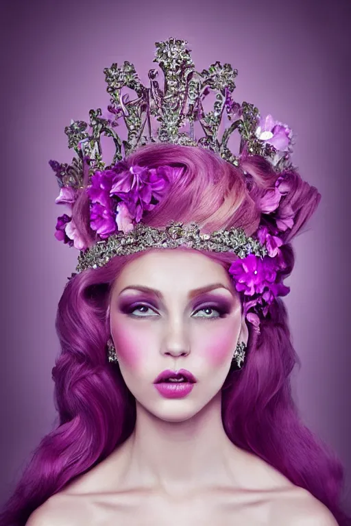 Image similar to lovely regal queen, portrait, updo of blonde and pink ombre hair, crown, flowerpunk, crystal coated violet flowers, by Natalie Shau