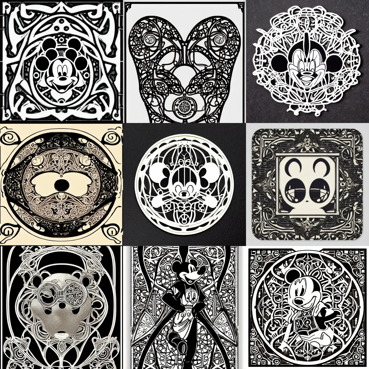 Prompt: vintage art nouveau style sticker (((mickey mouse))) as a cyborg, detailed filigree fretwork lacework