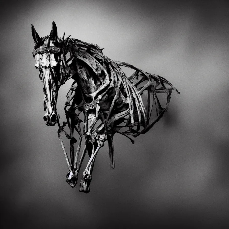 Image similar to skeleton of a horse in a dark veil, dark and mysterious, stopped in time, atmospheric, ominous, eerie, cinematic, epic, 8 k, 4 k, ultra detail, ultra realistic