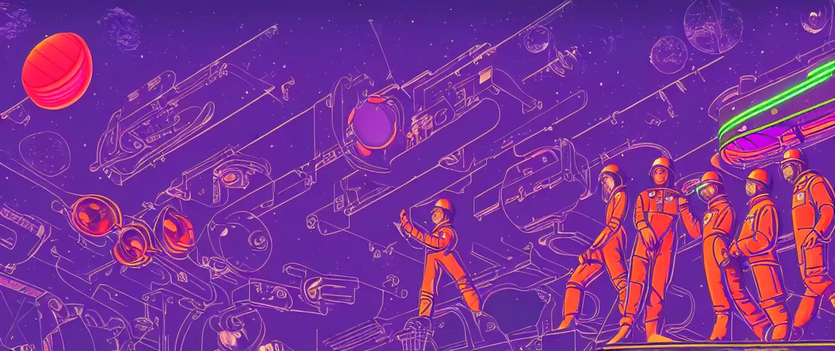 Image similar to hyper detailed neo-surreal neon purple and red communist propaganda poster of space workers from the 2070s sharp cinematic lighting 8k wide angle shallow depth of field