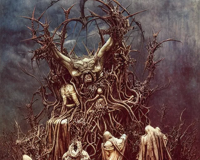 Image similar to Ancient cultic ritual totem made of horns and thorns by kostnice czech, Beksinski, Arthur Rackham, Eugene de Blaas, Dariusz Zawadzki, Wayne Barlowe