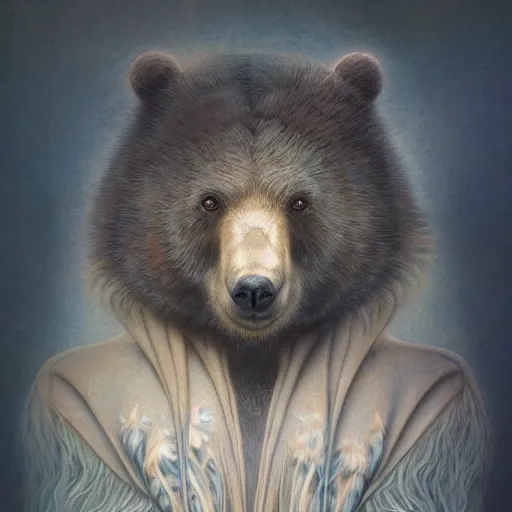 Image similar to bear rabbit hybrid character portrait by jean delville, tom bagshaw, makoto shinkai, gustave dore and marco mazzoni, studio ghibli style, porcelain, histological, biology, zoology artificial intelligence, ebony, ivory, organic, detailed fur, intricate details