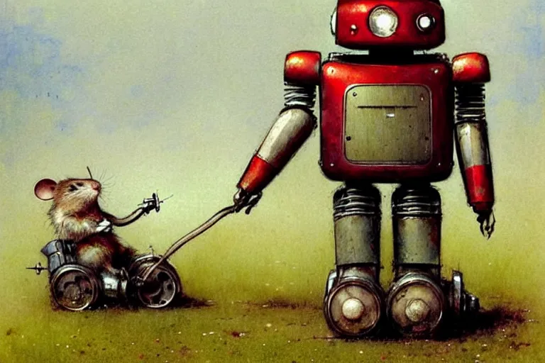 Image similar to adventurer ( ( ( ( ( 1 9 5 0 s retro future robot android fat mouse lawnmower. muted colors. ) ) ) ) ) by jean baptiste monge!!!!!!!!!!!!!!!!!!!!!!!!! chrome red