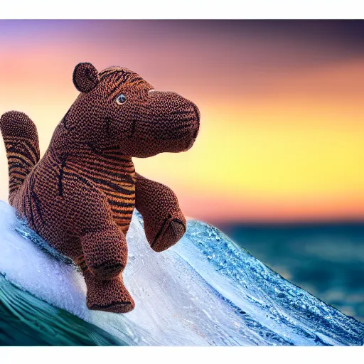 Prompt: a closeup photorealistic photograph of a smiling cute knitted tiger hippopotamus plush toy riding a large wave during sunset. surf in the background. professional capture. brightly lit scene. this 4 k hd image is trending on artstation, featured on behance, well - rendered, extra crisp, features intricate detail, epic composition and the style of unreal engine.