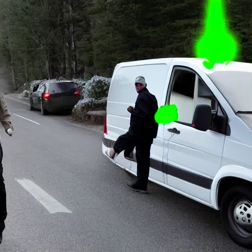 Image similar to terry a davis chasing green glowing fbi agents in his grey van