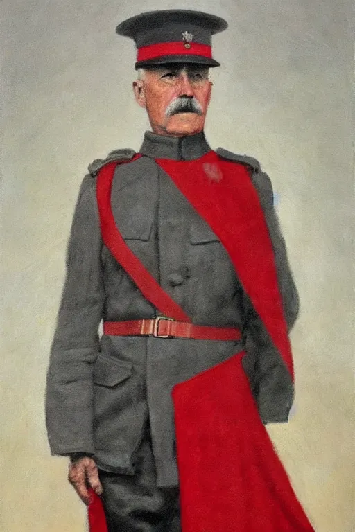 Prompt: ww 1 general wearing drab grey uniform, long red heroic cape with green trim on his back, oil on canvas