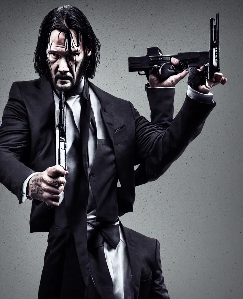 Prompt: individual portrait photo of a gangster like a cross between John Wick and Morpheus pointing a gun at the camera, menacingly