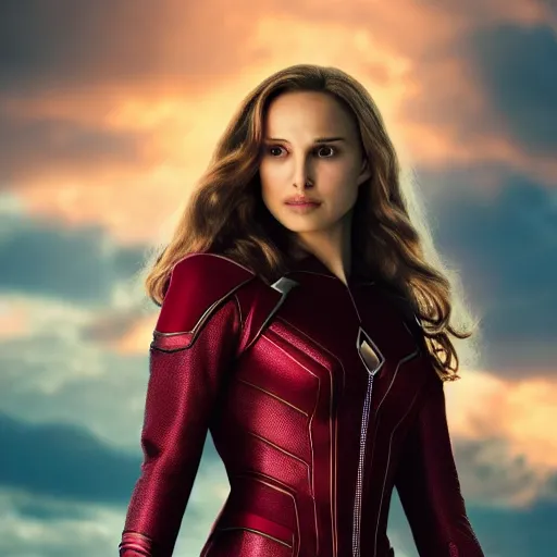 Prompt: Natalie Portman as scarlet witch from MCU, highly detailed, 8K HDR, sunset.
