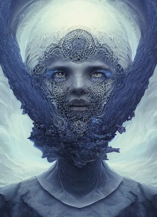 Prompt: Her huge ominous glowing blue eyes staring into my soul , perfect eyes, realistic face, intricate stunning highly detailed, agostino arrivabene, WLOP, twisted dark lucid dream, 8k portrait render, raven wings, swirling thick smoke , beautiful lighting, dark fantasy art, cgsociety