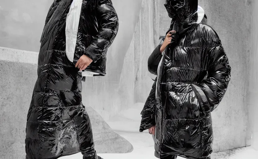 Image similar to beautifully lit fashion portrait of extremely beautiful black female marble statue wearing huge oversize quilted flowing floor length long puffer jacket by dingyun zhang, yeezy, balenciaga, vetements, a cold wall, sharp focus, clear, detailed, romantic, brutalist architecture in background, detailed, white, soft, symmetrical, vogue, editorial, fashion, magazine shoot, glossy