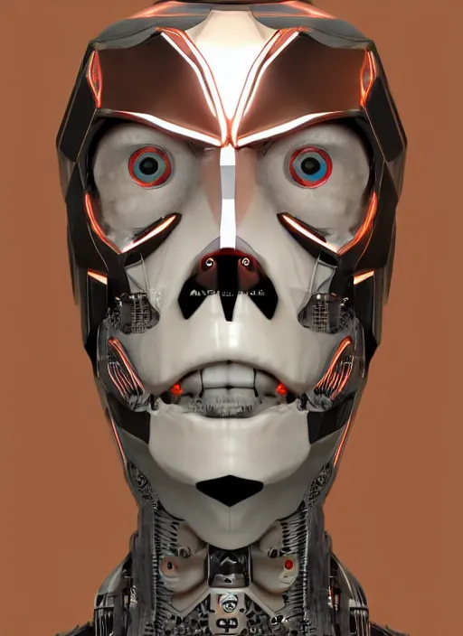 Image similar to angled facial full-head portrait of a cyberpunk bone ceramic caliente humanoid robot Spanish with an attractive face and handsome features, large glowing eyes, macho, piroca, dotado, guapo, reflective surface, trending on cgsociety, trending on artstation