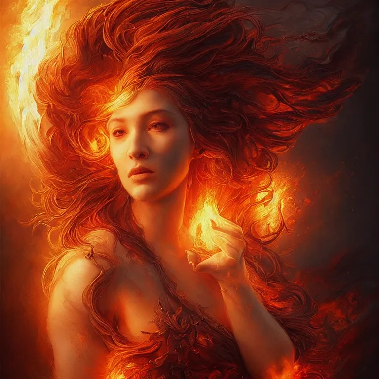 Prompt: Majestic painting of a beautiful young female fire goddess!!, intricate, epic, elegant, menacing, fantasy, highly detailed, digital painting, hard focus, beautiful volumetric lighting, epic light, ultra detailed, souls, smoke, by Leesha Hannigan, Ross Tran, Thierry Doizon, Kai Carpenter, Ignacio Fernández Ríos