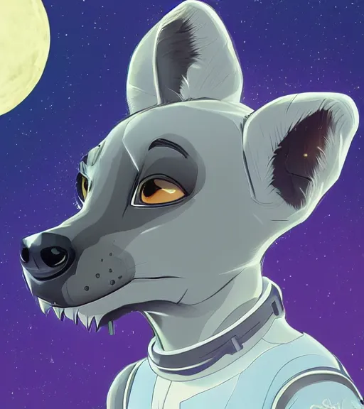 Image similar to digital detailed full body of anthromorphic female hyena, in style of zootopia, fursona, furry, furaffinity, 4 k, deviantart, wearing astronaut outfit, in style of zootopia, floating in space, space background, in deep space, dark background, hyena fursona, cyberpunk, female, stylized face,