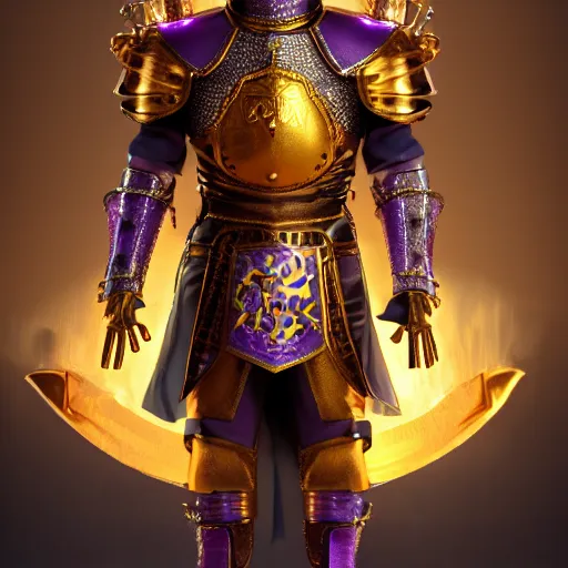 Image similar to a highly detailed knight with glowing purple eyes in a T golden helmet and a golden crown with a blue diamond in the center, golden armor, leather clothes under the armor, leather gloves, holds a black sword, artstation, DeviantArt, professional, octane render, sunset lighting