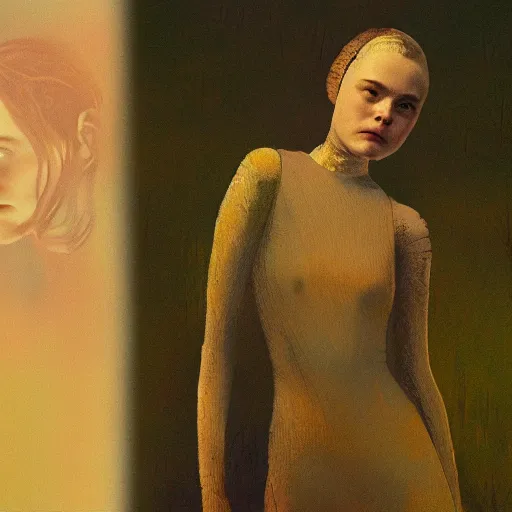 Image similar to Elle Fanning in the painted world of Ex Machina, head and shoulders masterpiece, apocalypse, golden hour, cosmic horror, artstation, in the style of Andrew Wyeth and Edward Hopper and Bosch, extremely detailed