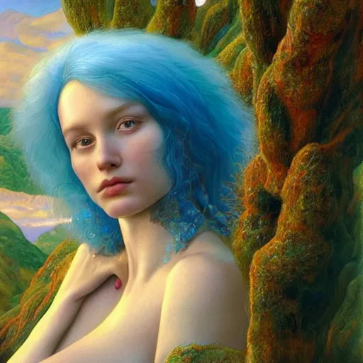 Image similar to A beautiful portrait of a woman with iridescent skin by James C. Christensen, scenic environment and blue hair