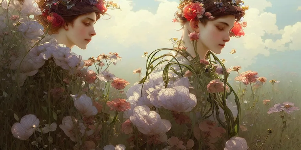 Prompt: a beautiful illustration of flowers and clouds, intricate, sharp focus, illustration, highly detailed, digital painting, concept art, matte, art by wlop and artgerm and greg rutkowski and alphonse mucha, masterpiece