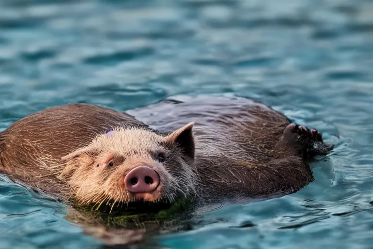 Image similar to a pig sea otter!!! hybrid! hyper realistic!! realistic lighting!! wildlife photographer of the year!!! bold natural colors, national geographic, hd, wide angle, 8 k