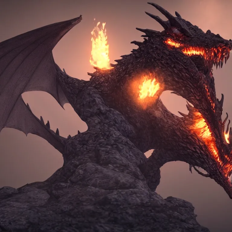 Prompt: The head of an angry dragon, breathing fire, sitting on a rock, at night. Fantasy Demo in Unreal Engine 6.