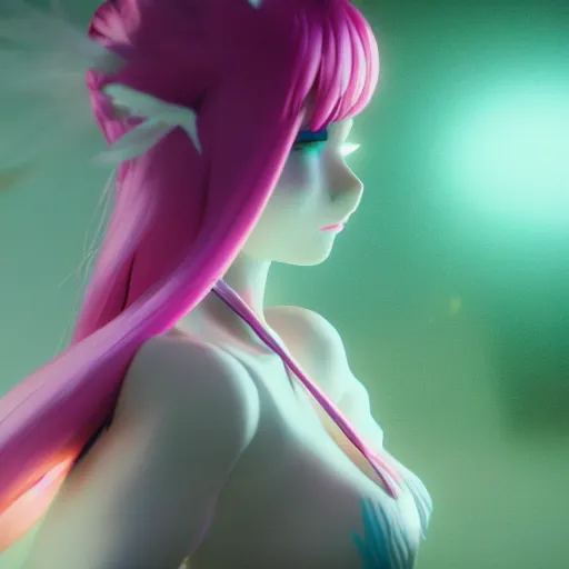 Image similar to taken from an extremely low angle at her feet, stunningly beautiful omnipotent anime goddess with pink hair and mesmerizing cyan eyes, unreal engine 5, 8 k