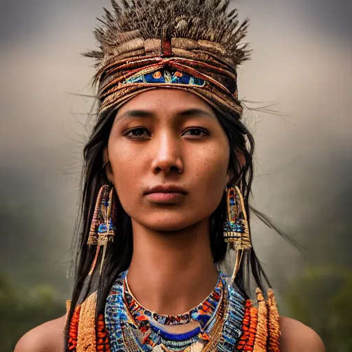 Image similar to portrait of a stunningly beautiful alluring and attractive nepalese tribal female maiden, depth of field, zeiss lens, detailed, symmetrical, centered, fashion photoshoot, by annie leibovitz and steve mccurry, david lazar, jimmy nelsson, breathtaking, 8 k resolution, extremely detailed, beautiful, establishing shot, artistic, hyperrealistic, beautiful face, octane render