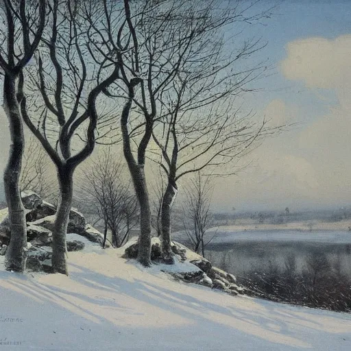 Image similar to early spring, thawed snow, trees, rooks sitting on trees, by alexey savrasov