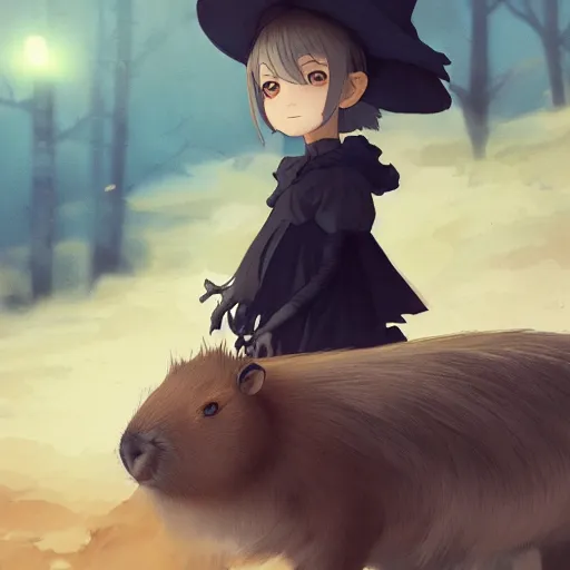 Image similar to full body portrait character concept art, anime key visual of a little witch with her capybara mascot, cinematic lighting, dramatic atmosphere, by dustin nguyen, akihiko yoshida, greg tocchini, greg rutkowski, cliff chiang, 4 k resolution, octane render