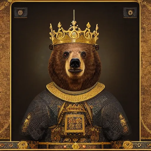 Image similar to “ an oil painting portrait of a bear wearing medieval royal robe and an ornate crown on a dark background ” digital art, concept art, highly detailed, 3 - d 4 k, trending on art station, award winning, mark brooks,