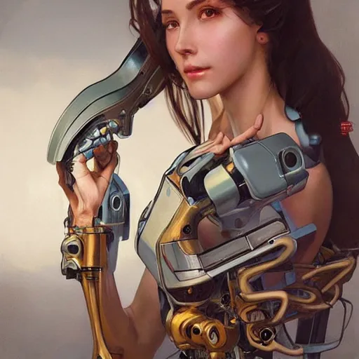 Image similar to female robot, cybernetic paintbrush, robotic arm, incredibly detailed face, pretty face, true anatomy, art by artgerm and greg rutkowski and alphonse mucha