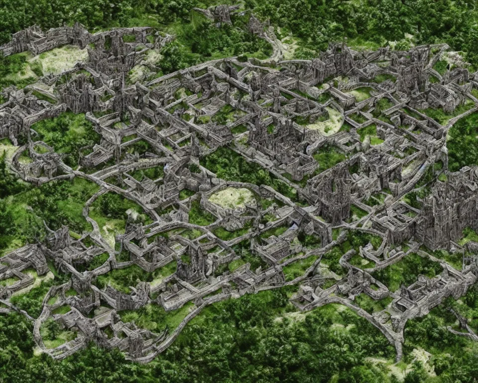 Prompt: medieval elven city, built into trees and stone