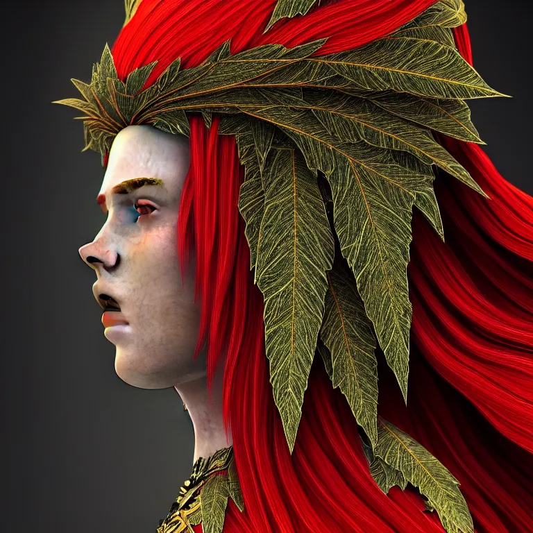 Prompt: hight focus f - 2 2, 8 5 mm, iso 1 0 0 : a wonderful realistic focused portrait of knight with a detailed wonderful symmetrical headdress who is dressed with wonderful, majestic, large leaves with red drapes, dramatic light, octane render, artstation, hyperdetailed, ultrarealistic, - 8 k