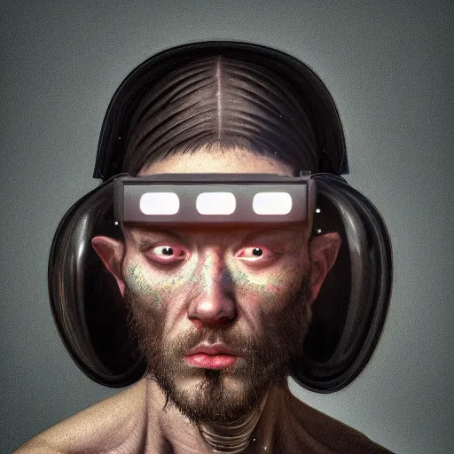 Image similar to Colour Caravaggio Bosch style Photography of Man with transparent glowing skin with highly detailed 1000 years old face with transparent glowing skin wearing highly detailed sci-fi VR headset designed by Josan Gonzalez. Many details . In style of Josan Gonzalez and Mike Winkelmann and andgreg rutkowski and alphonse muchaand and Caspar David Friedrich and Stephen Hickman and James Gurney and Hiromasa Ogura. Rendered in Blender and Octane Render volumetric natural light